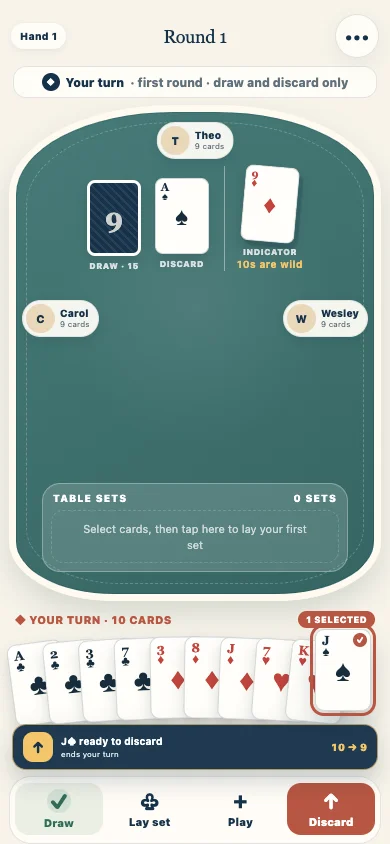 Nines practice table with a card selected and the outcome preview