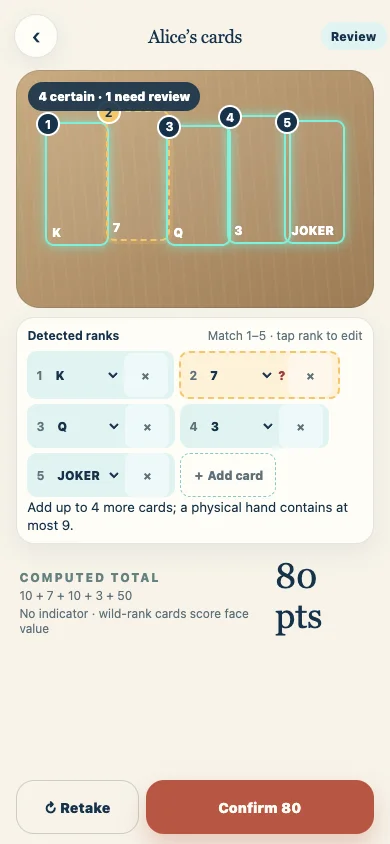 Camera scan review with the detected ranks ready to check